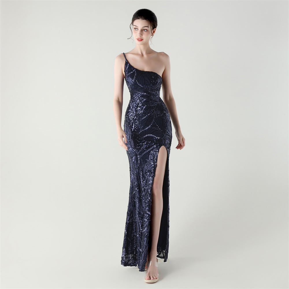 One Shoulder Sleeveless Sequin Embroidered Dress