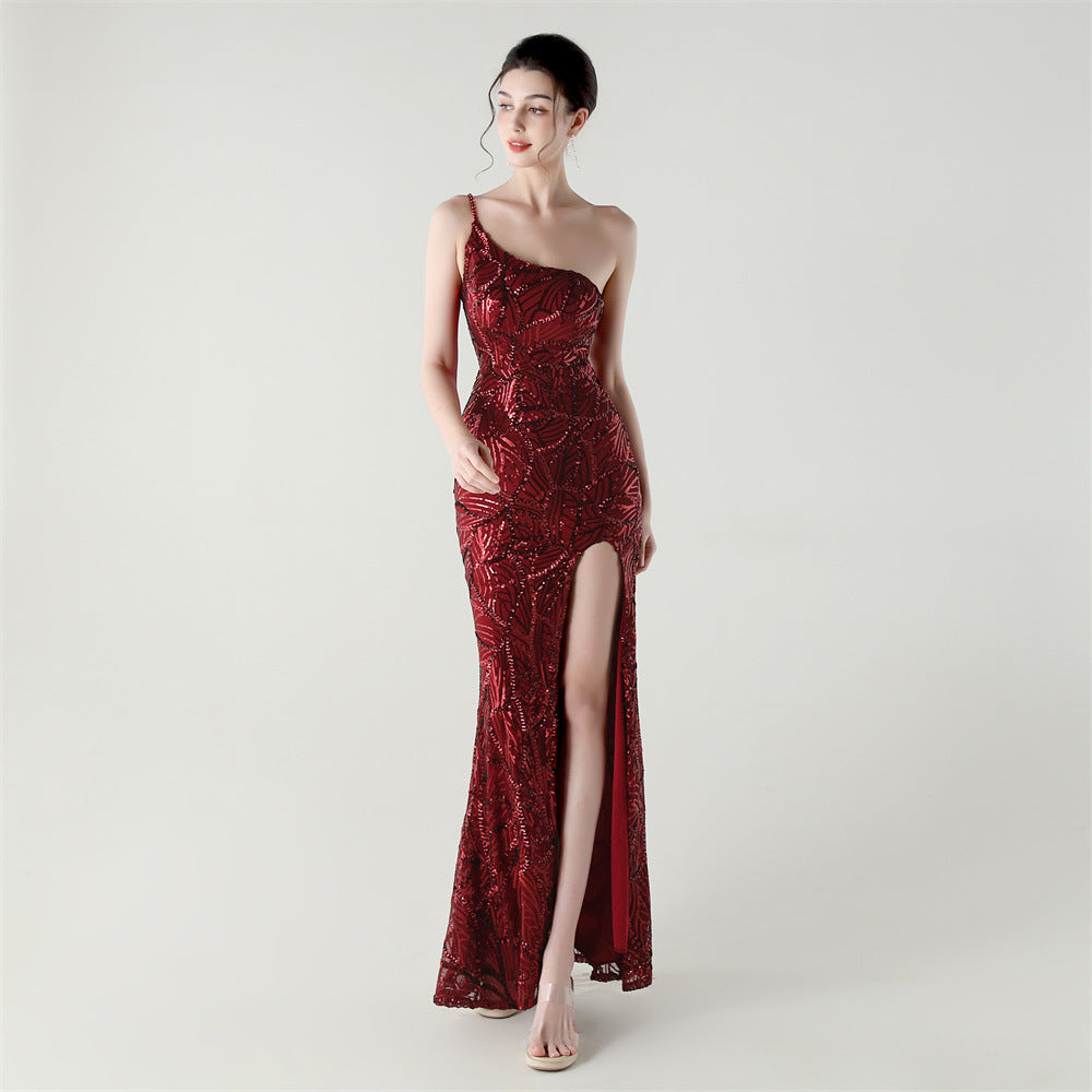 One Shoulder Sleeveless Sequin Embroidered Dress