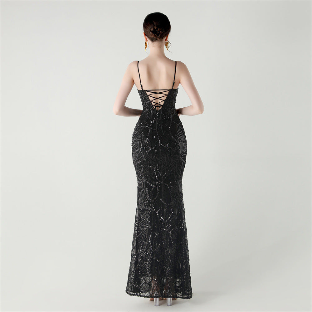 Elegant Sheer-Panel Sequined Dress