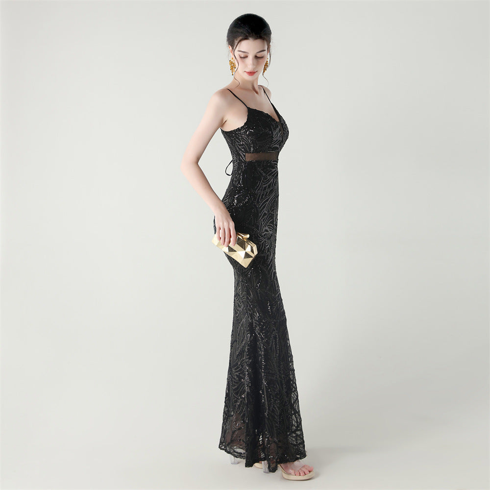 Elegant Sheer-Panel Sequined Dress