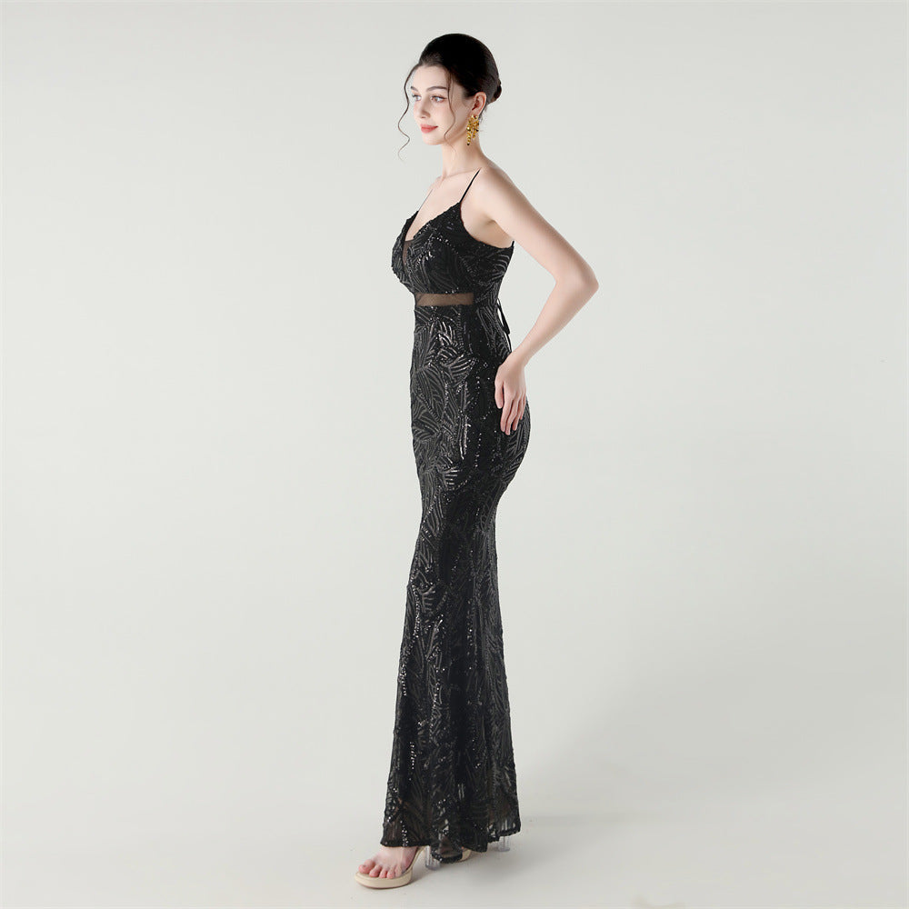 Elegant Sheer-Panel Sequined Dress