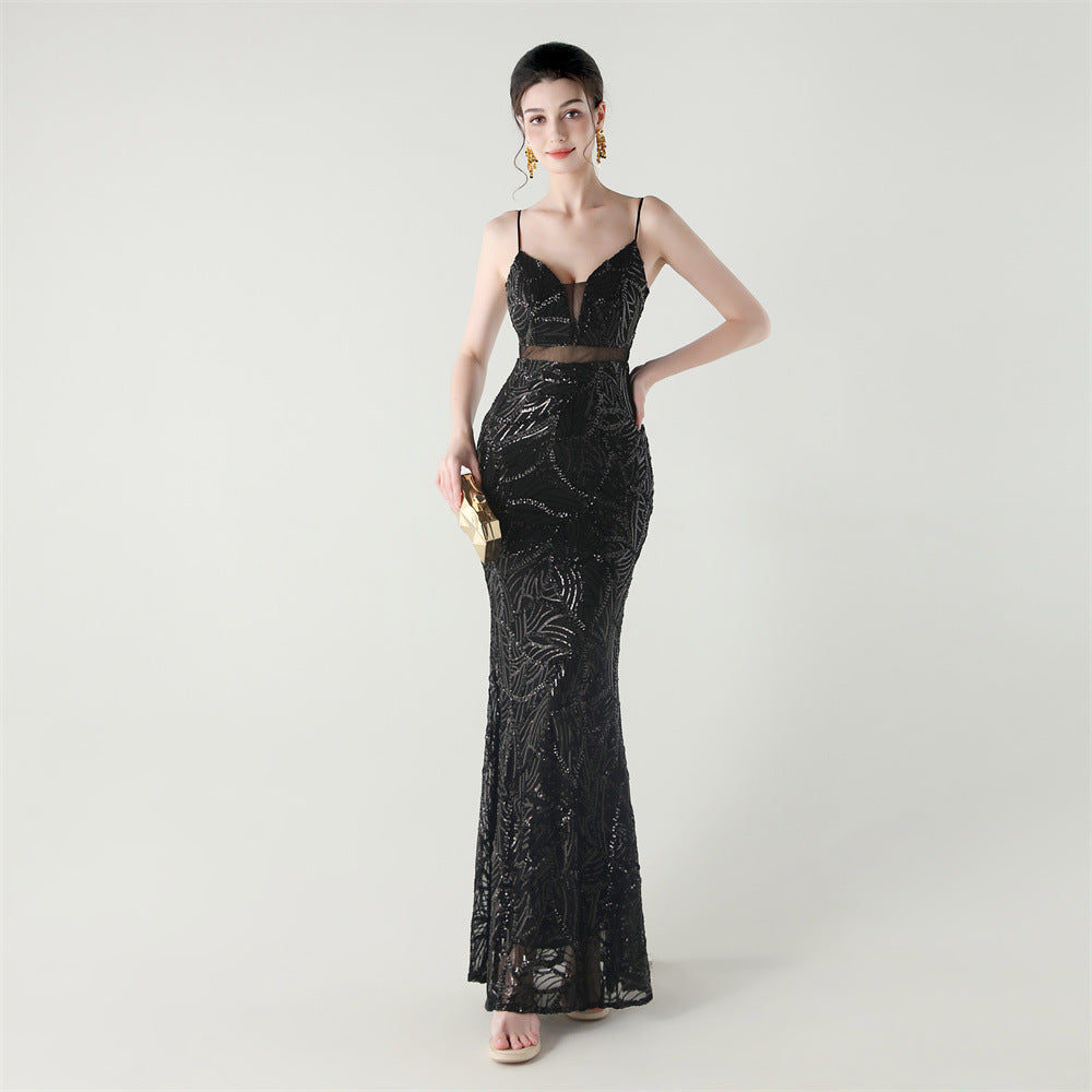 Elegant Sheer-Panel Sequined Dress
