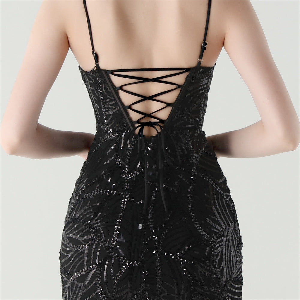 Elegant Sheer-Panel Sequined Dress