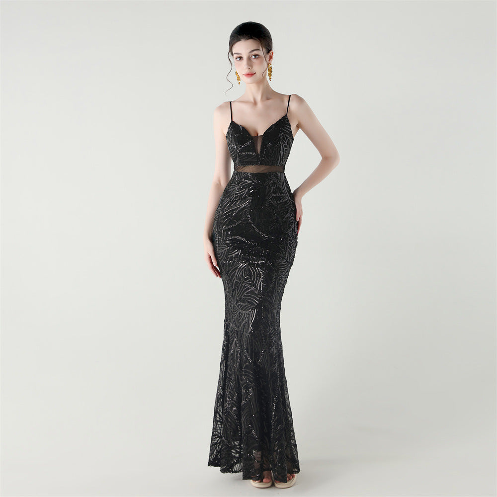 Elegant Sheer-Panel Sequined Dress