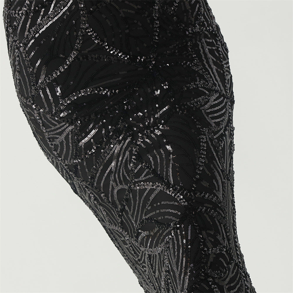 Elegant Sheer-Panel Sequined Dress