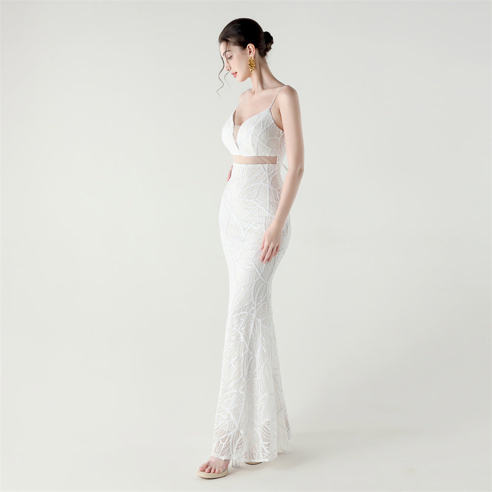 Elegant Sheer-Panel Sequined Dress