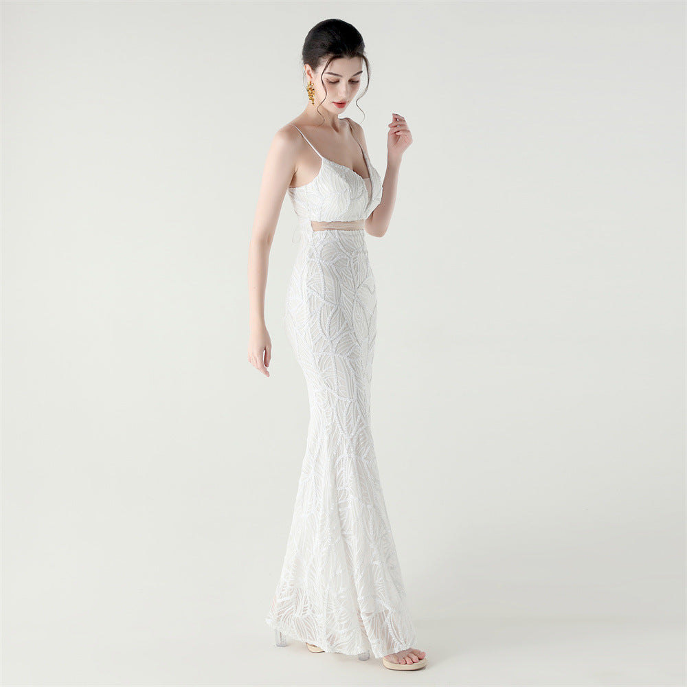 Elegant Sheer-Panel Sequined Dress