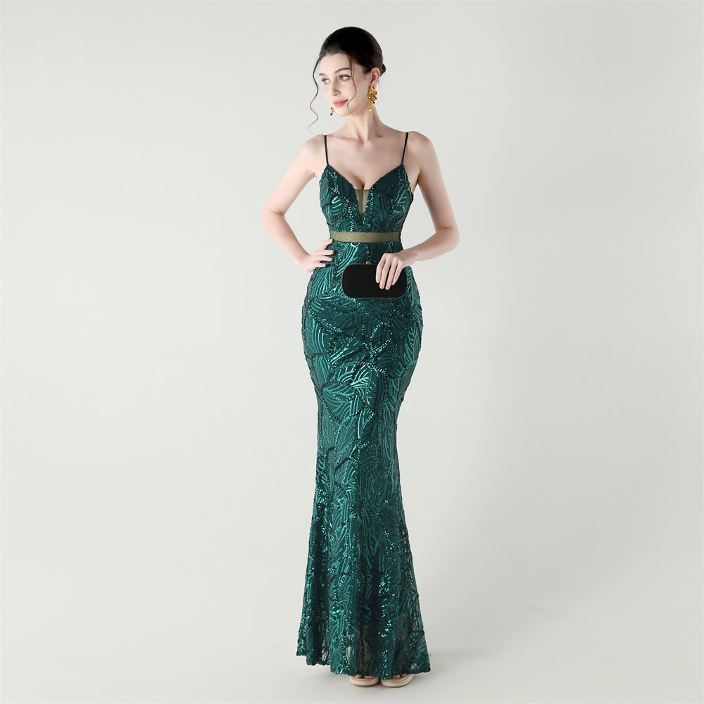 Elegant Sheer-Panel Sequined Dress