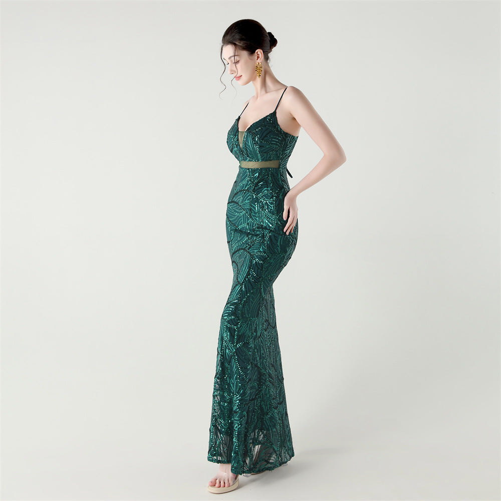 Elegant Sheer-Panel Sequined Dress