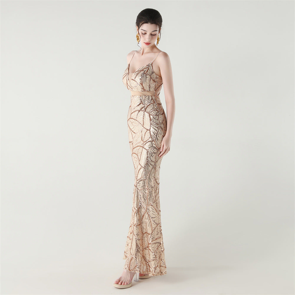 Elegant Sheer-Panel Sequined Dress