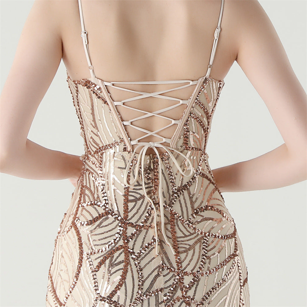 Elegant Sheer-Panel Sequined Dress