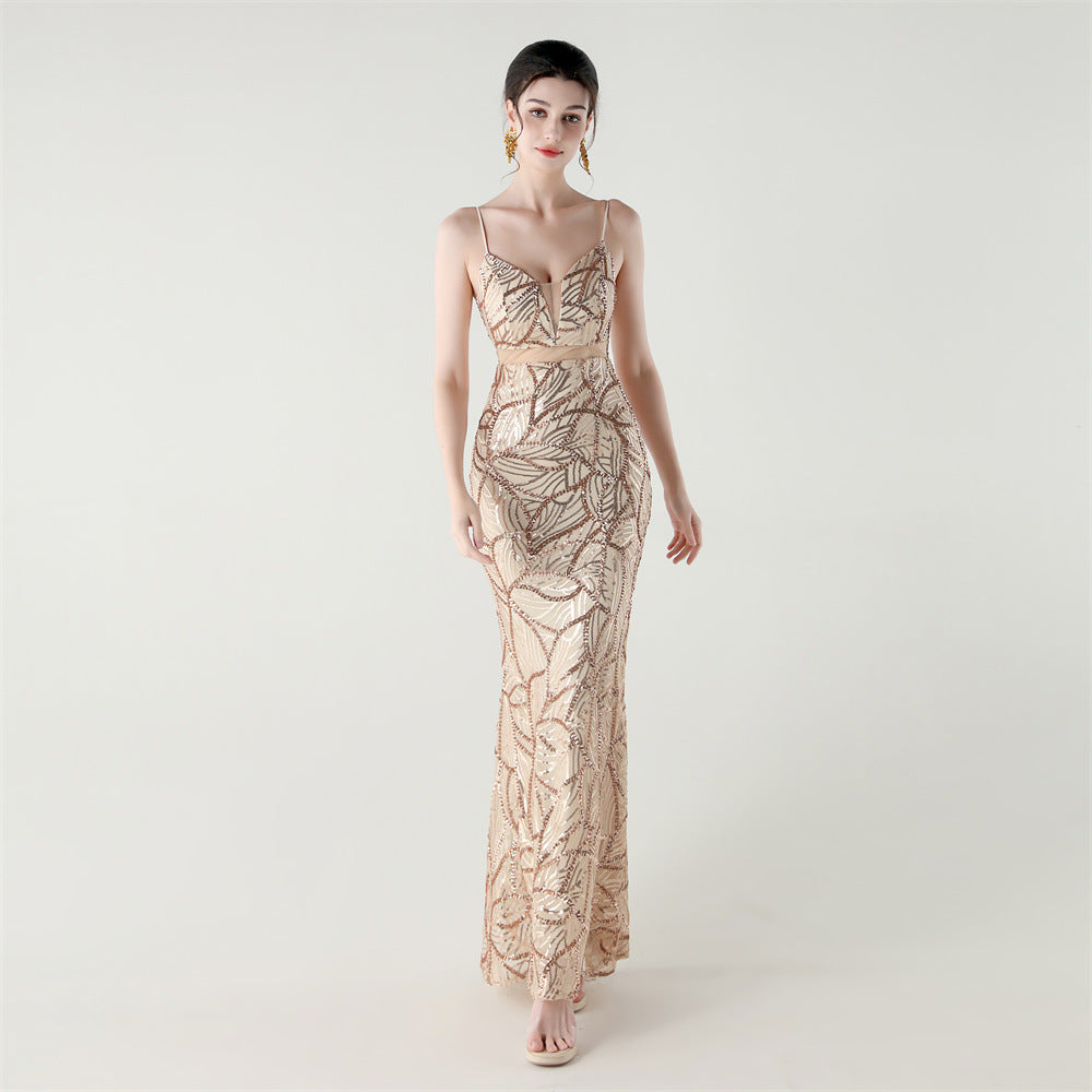 Elegant Sheer-Panel Sequined Dress