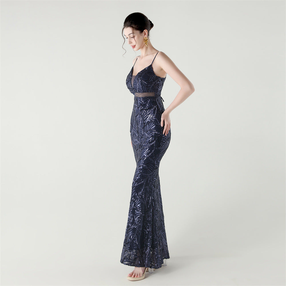 Elegant Sheer-Panel Sequined Dress