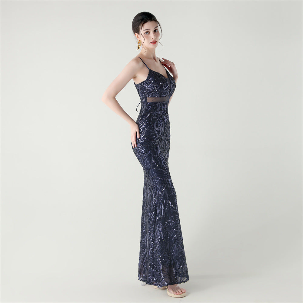 Elegant Sheer-Panel Sequined Dress