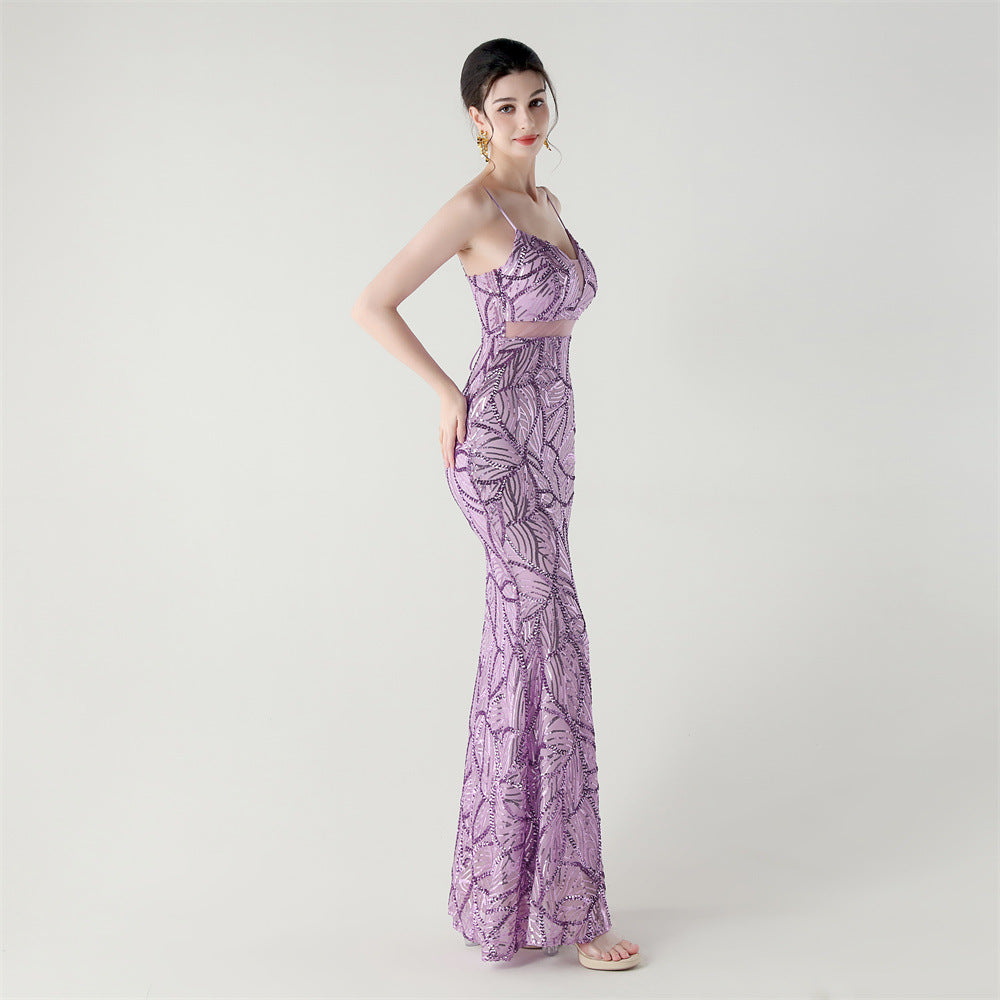 Elegant Sheer-Panel Sequined Dress