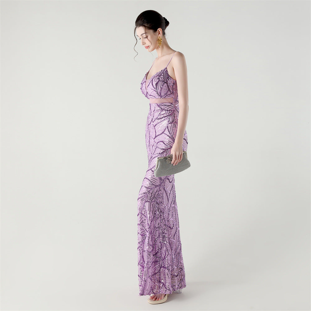 Elegant Sheer-Panel Sequined Dress