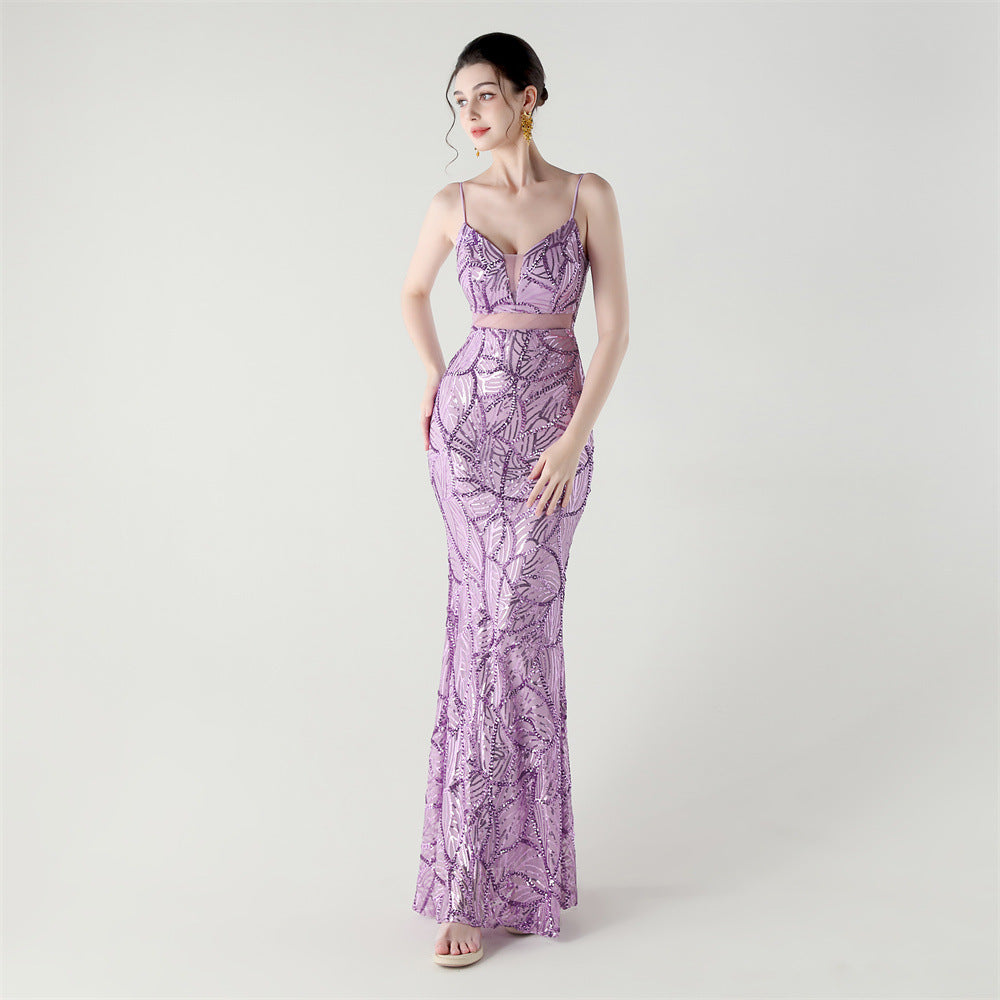 Elegant Sheer-Panel Sequined Dress