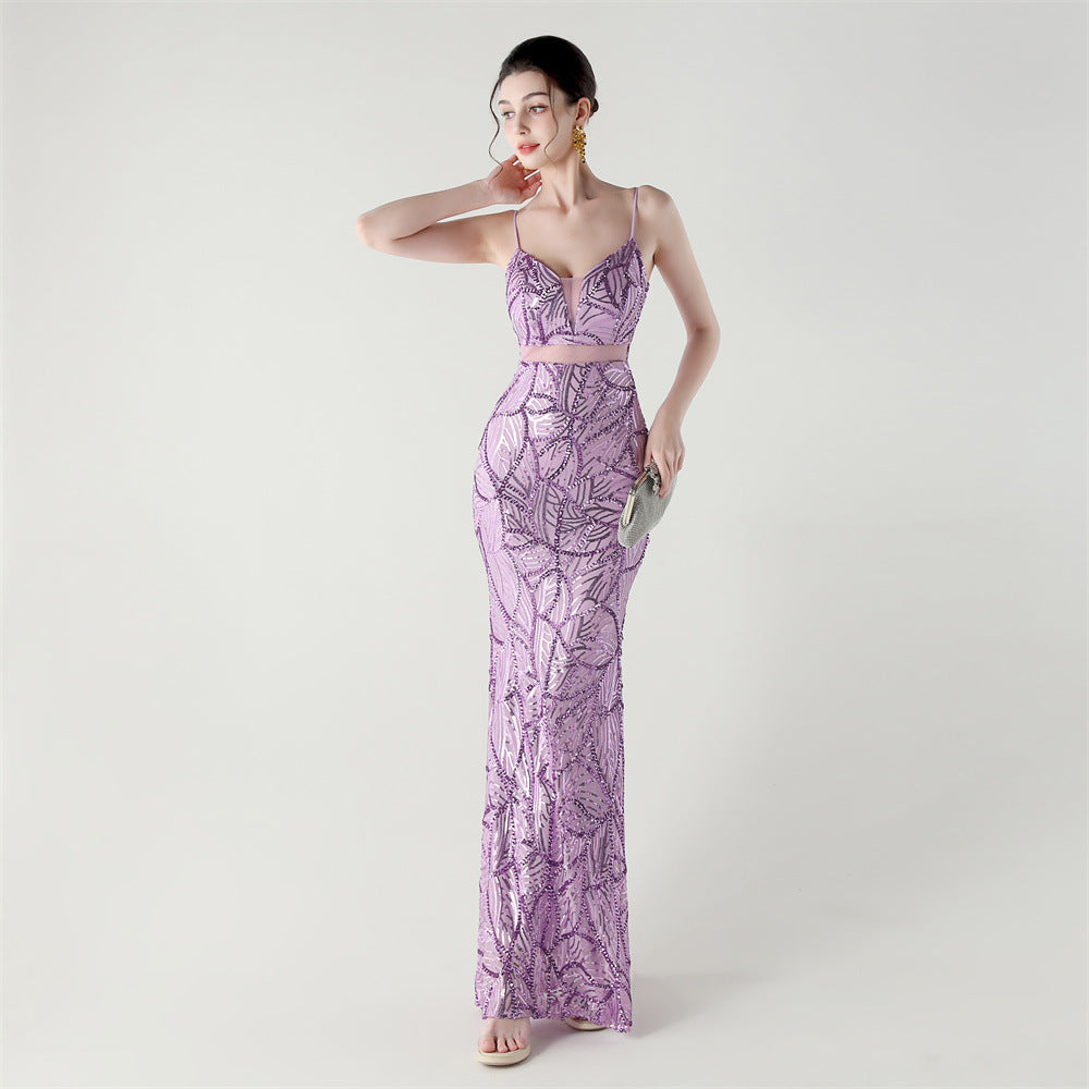 Elegant Sheer-Panel Sequined Dress