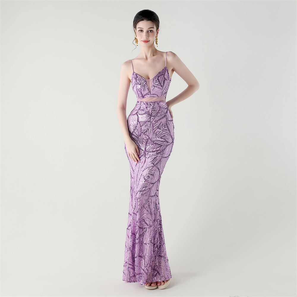 Elegant Sheer-Panel Sequined Dress