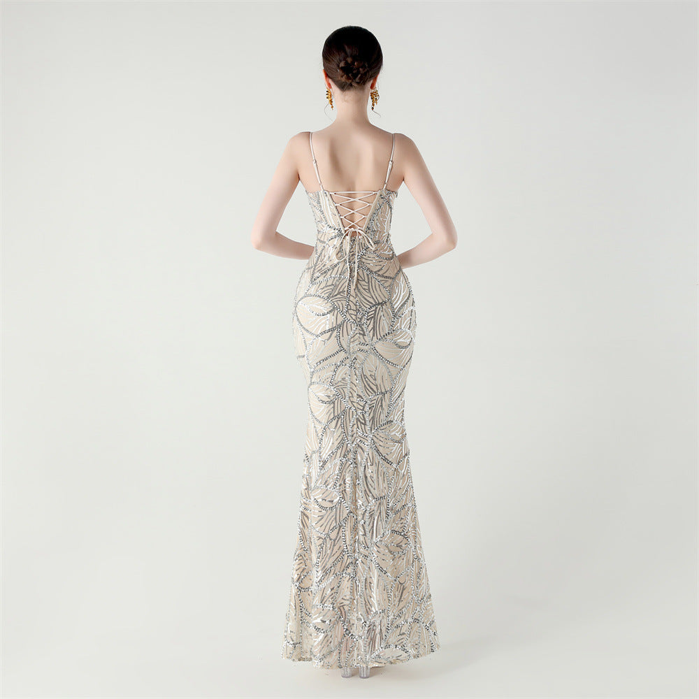 Elegant Sheer-Panel Sequined Dress