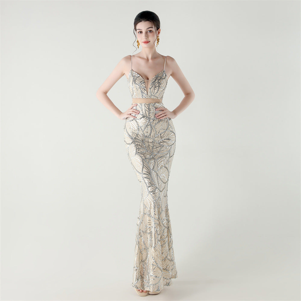 Elegant Sheer-Panel Sequined Dress