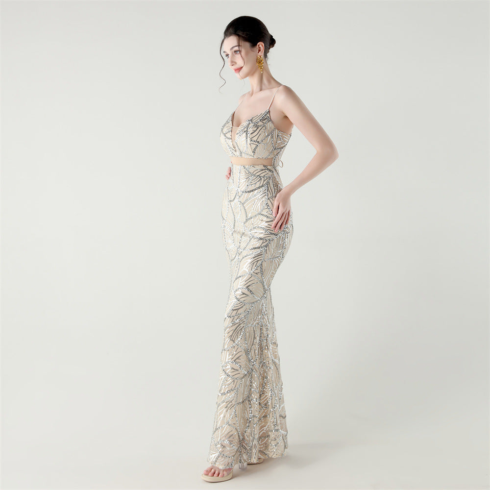 Elegant Sheer-Panel Sequined Dress