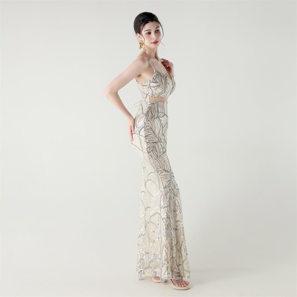 Elegant Sheer-Panel Sequined Dress