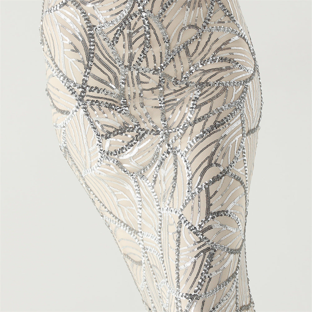 Elegant Sheer-Panel Sequined Dress