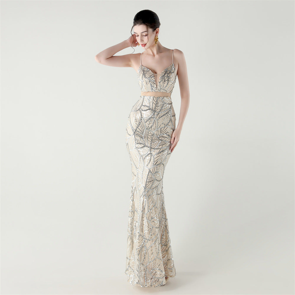 Elegant Sheer-Panel Sequined Dress