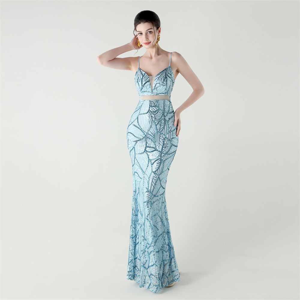 Elegant Sheer-Panel Sequined Dress