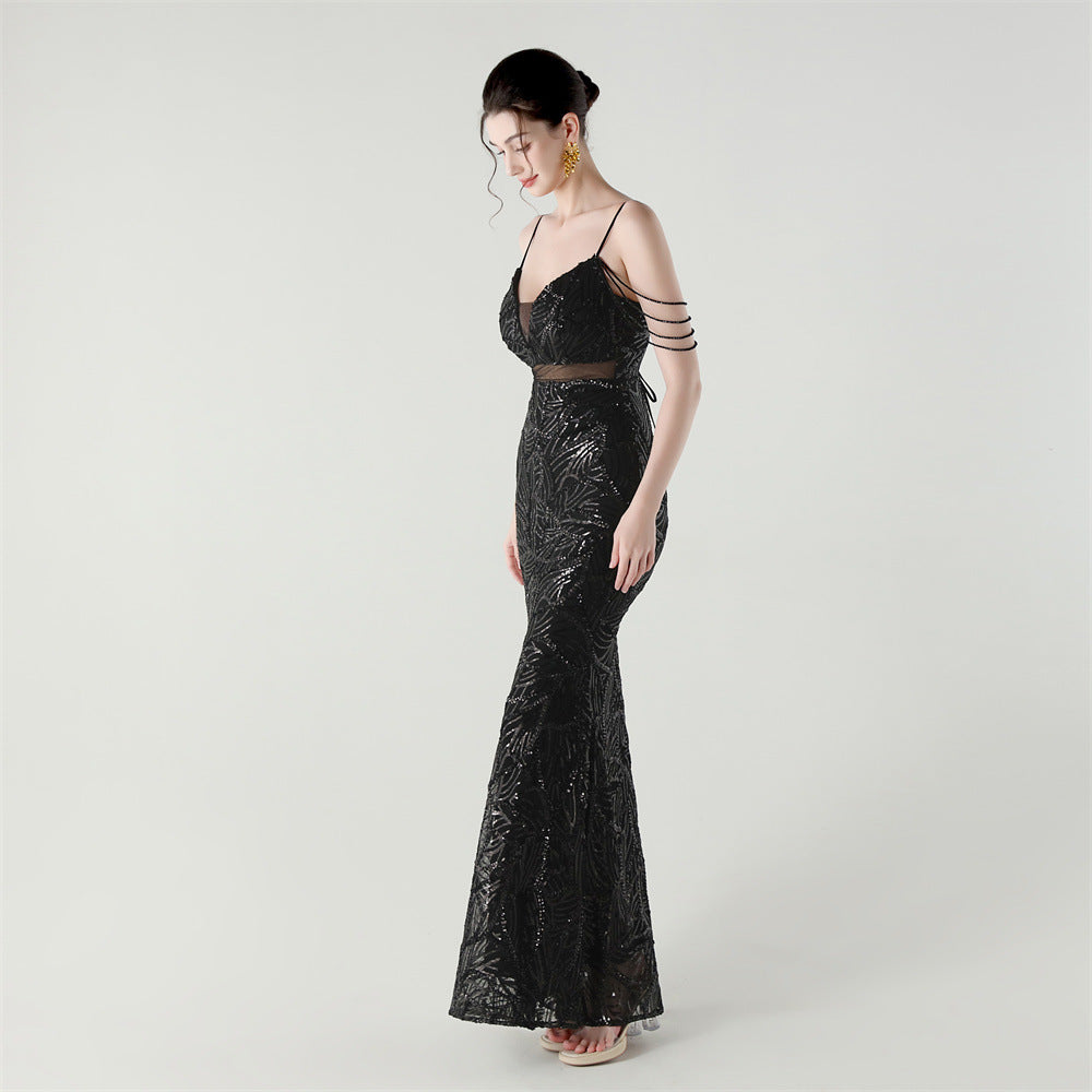 Elegant Sequined Gown with Sheer Straps