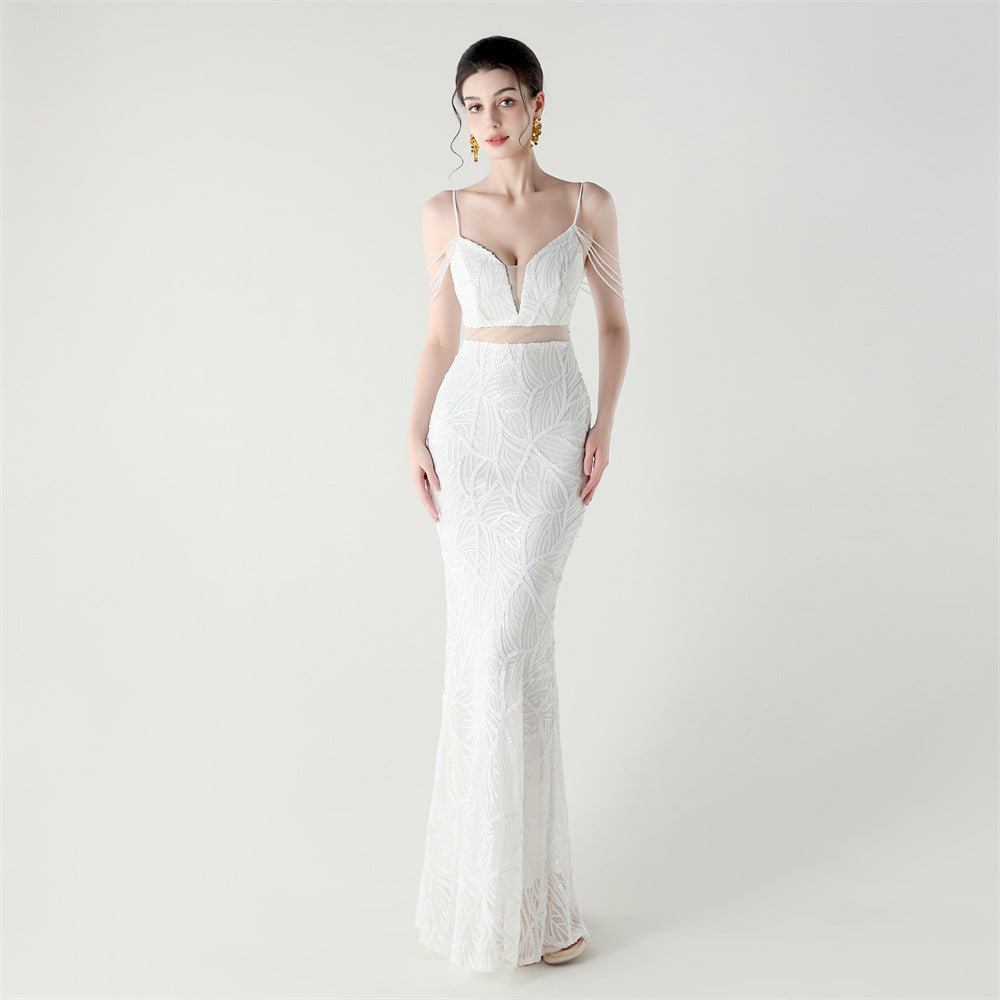 Elegant Sequined Gown with Sheer Straps