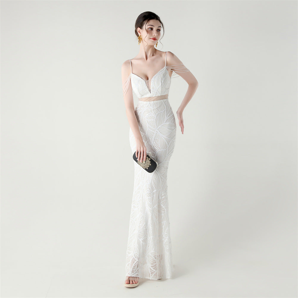 Elegant Sequined Gown with Sheer Straps