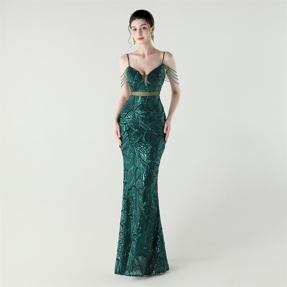 Elegant Sequined Gown with Sheer Straps