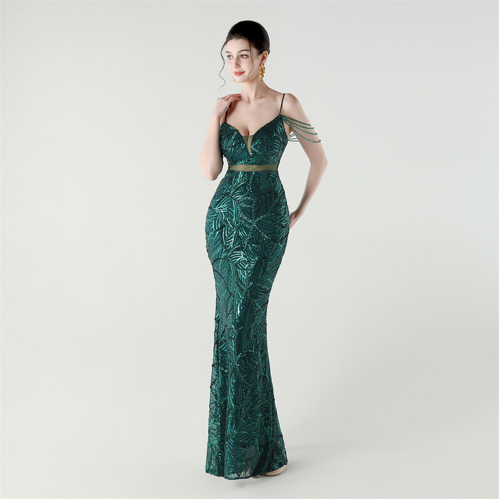 Elegant Sequined Gown with Sheer Straps