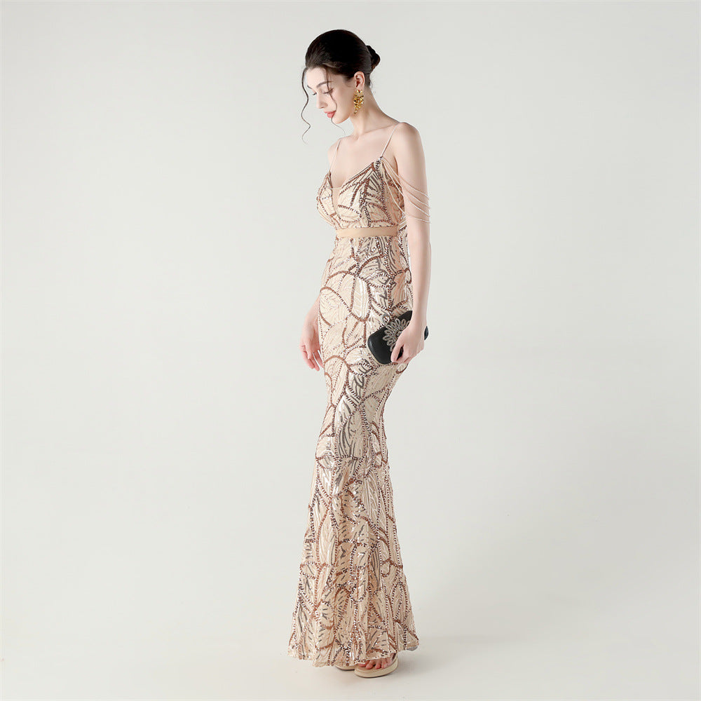 Elegant Sequined Gown with Sheer Straps
