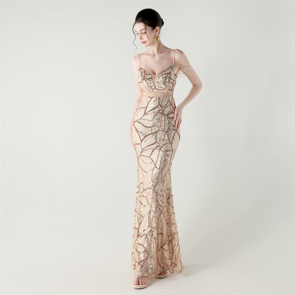 Elegant Sequined Gown with Sheer Straps