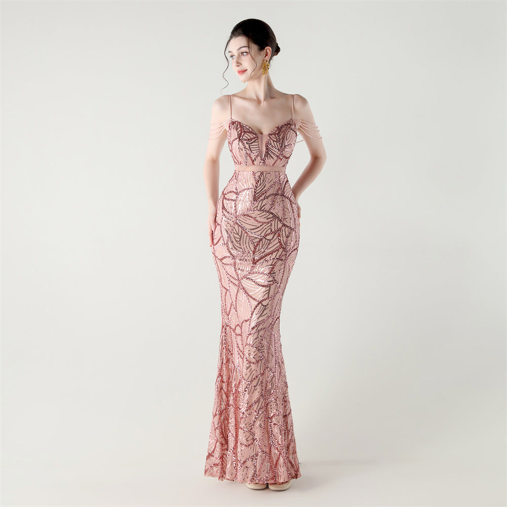Elegant Sequined Gown with Sheer Straps