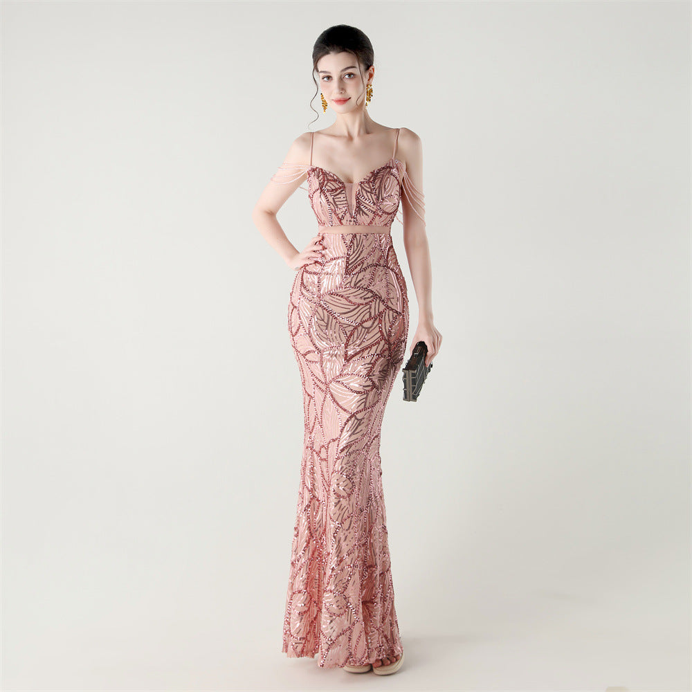 Elegant Sequined Gown with Sheer Straps