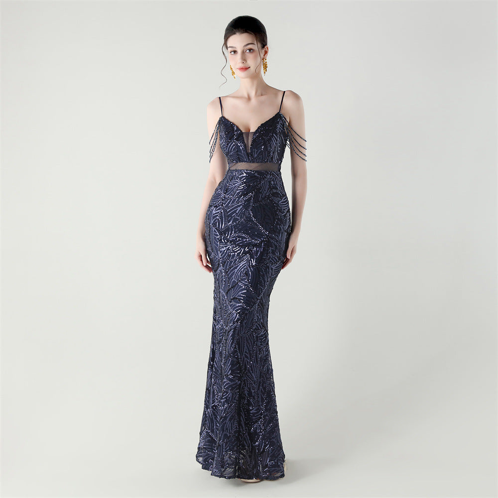 Elegant Sequined Gown with Sheer Straps