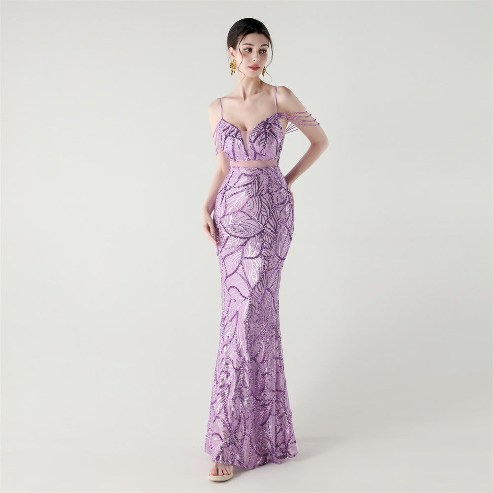 Elegant Sequined Gown with Sheer Straps