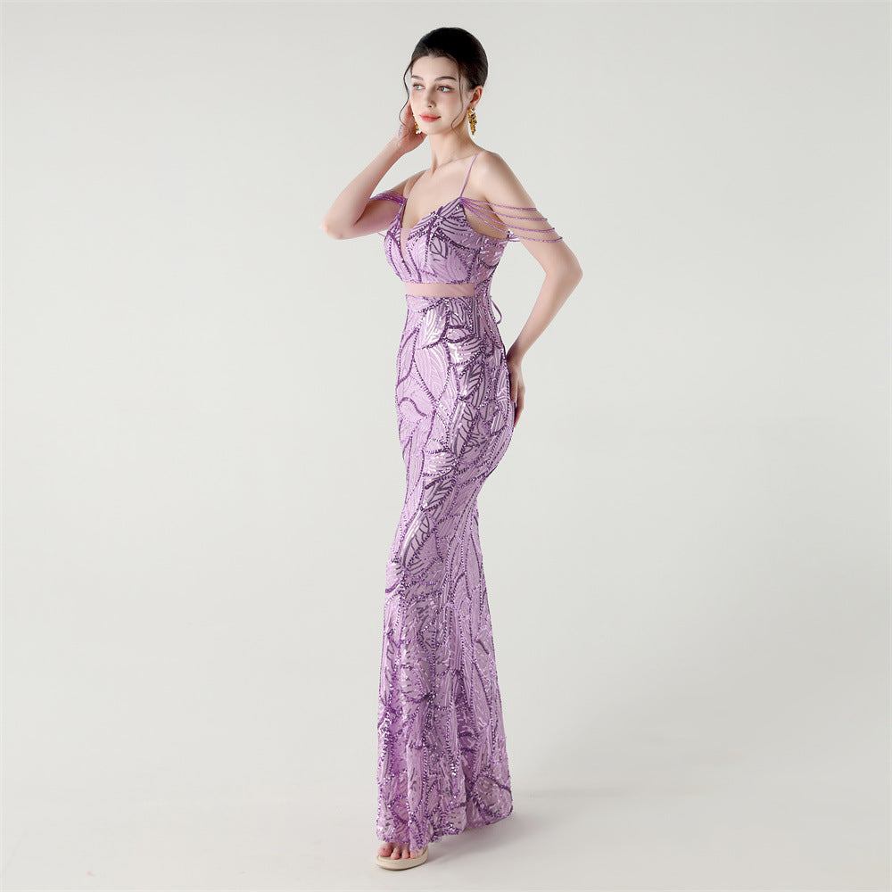 Elegant Sequined Gown with Sheer Straps