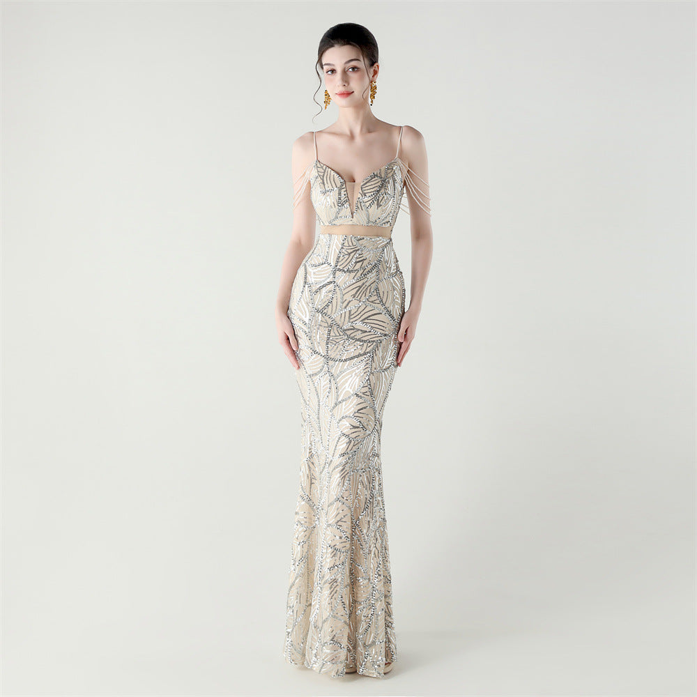 Elegant Sequined Gown with Sheer Straps