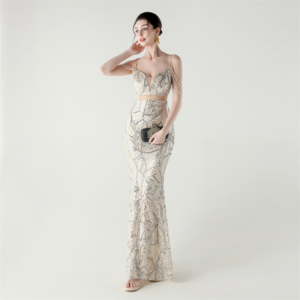 Elegant Sequined Gown with Sheer Straps