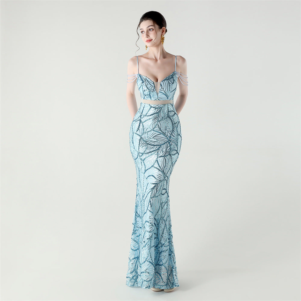 Elegant Sequined Gown with Sheer Straps