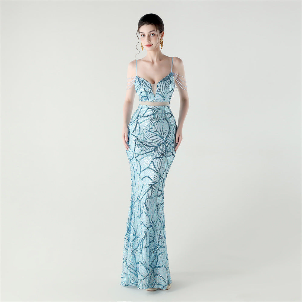 Elegant Sequined Gown with Sheer Straps
