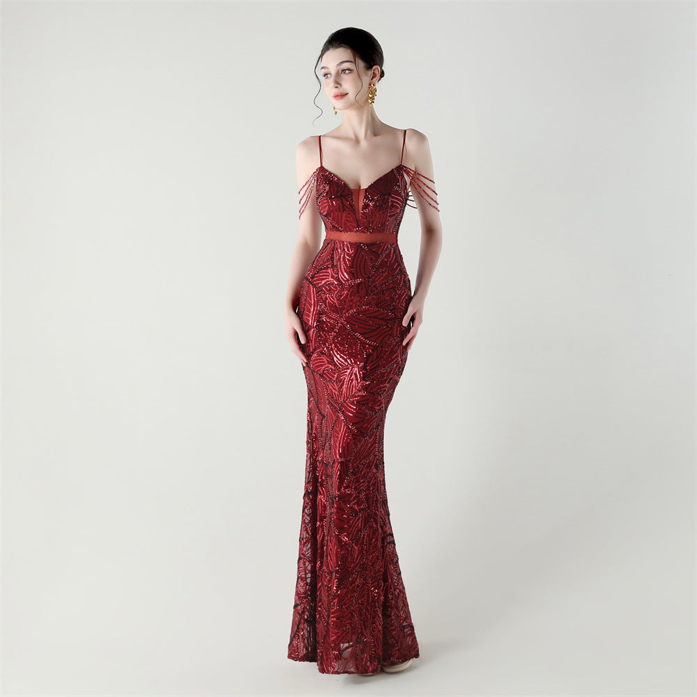 Elegant Sequined Gown with Sheer Straps