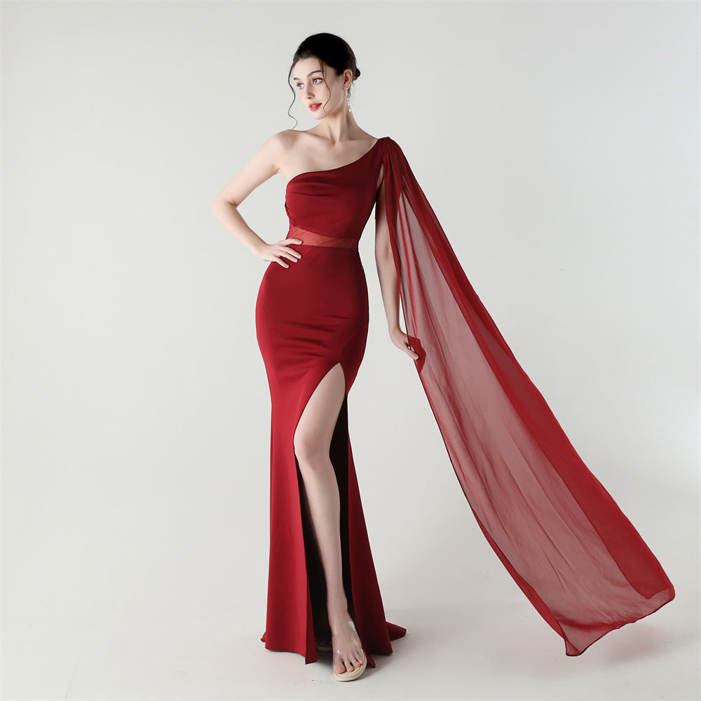 Fallen Shoulder Drape Gala Dress