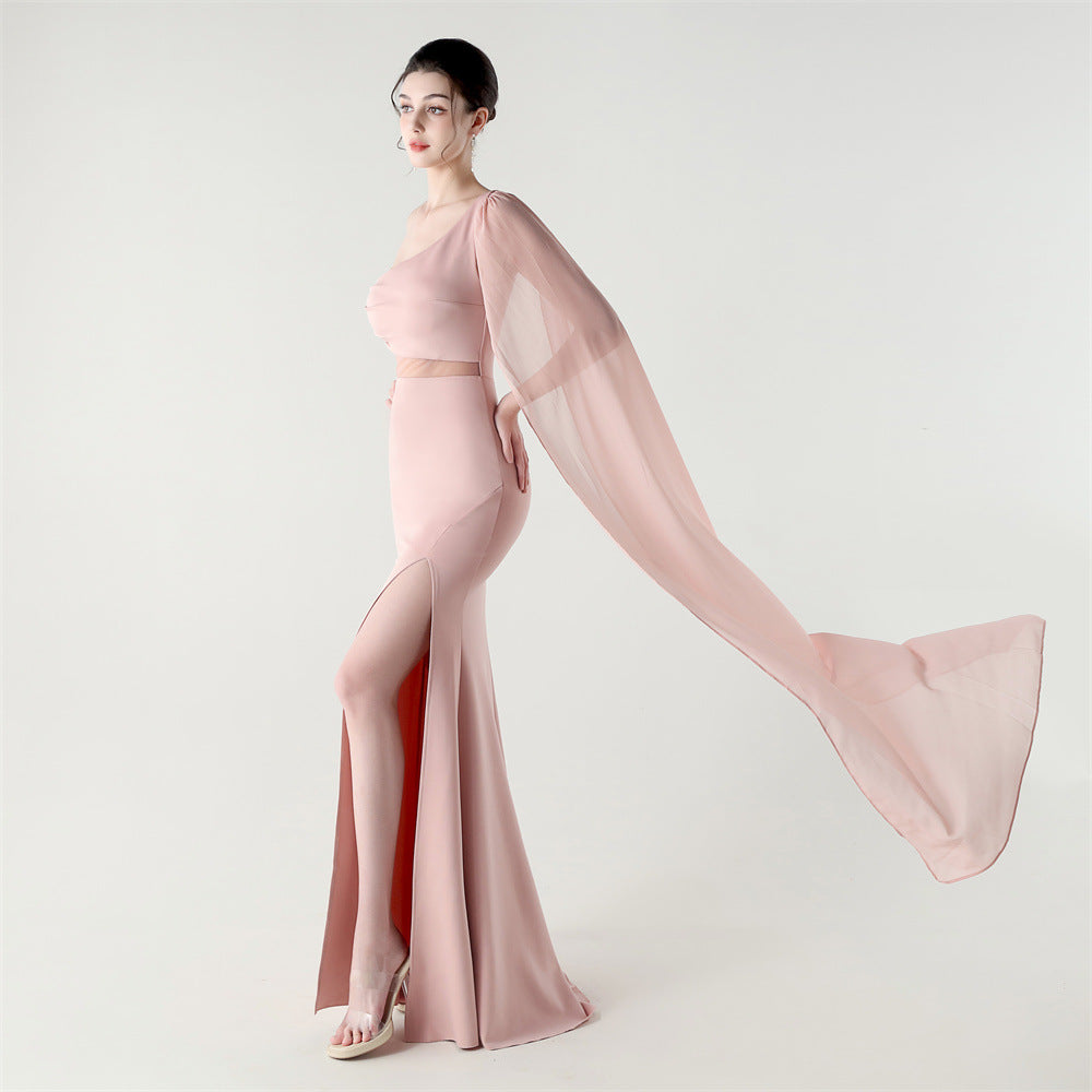 Fallen Shoulder Drape Gala Dress