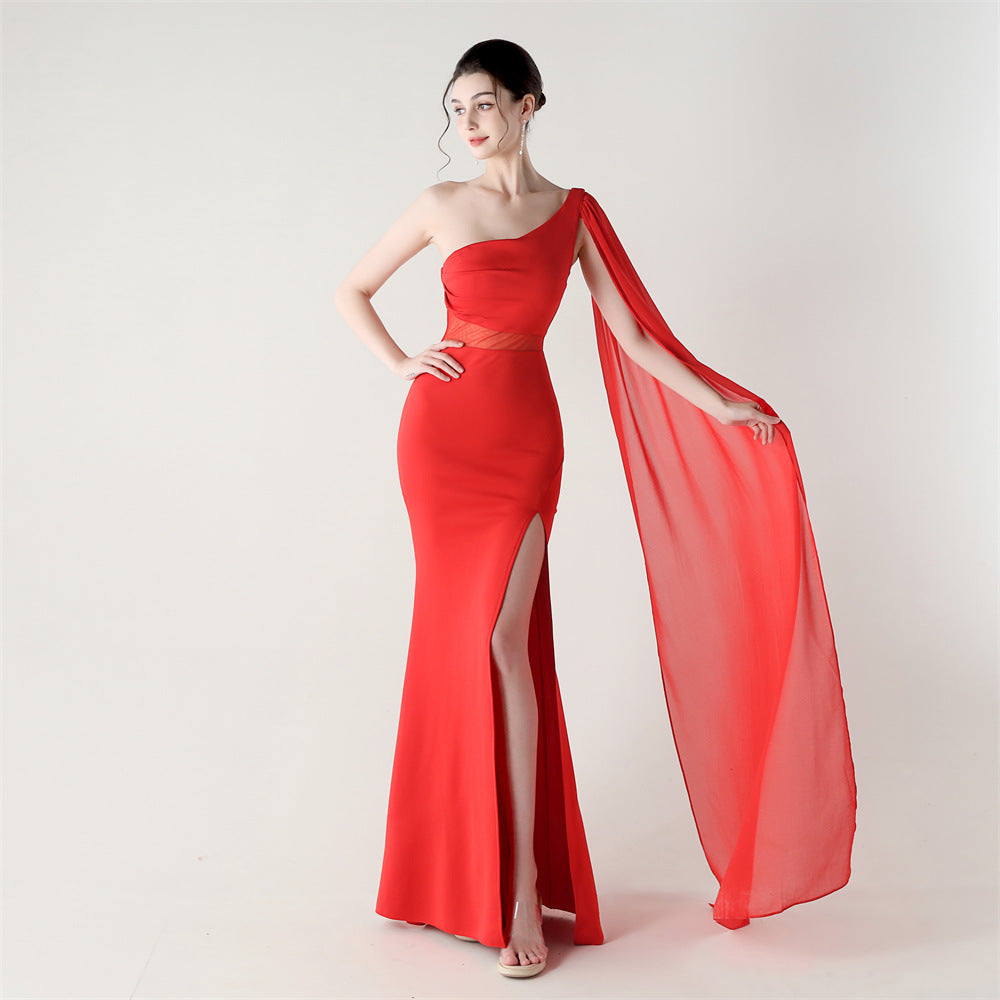 Fallen Shoulder Drape Gala Dress
